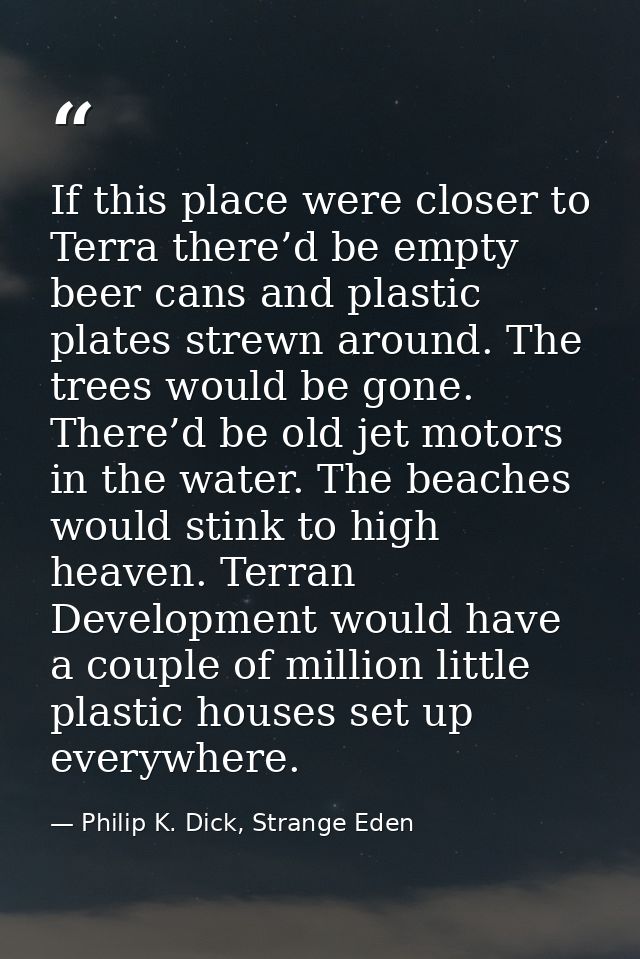 If this place were closer to Terra there’d be empty beer cans and plastic plates strewn around. The trees would be gone. — Philip K. Dick, Strange Eden