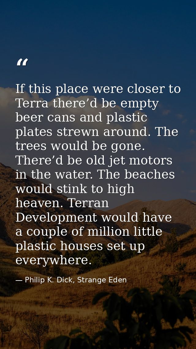 If this place were closer to Terra there’d be empty beer cans and plastic plates strewn around. The trees would be gone. — Philip K. Dick, Strange Eden