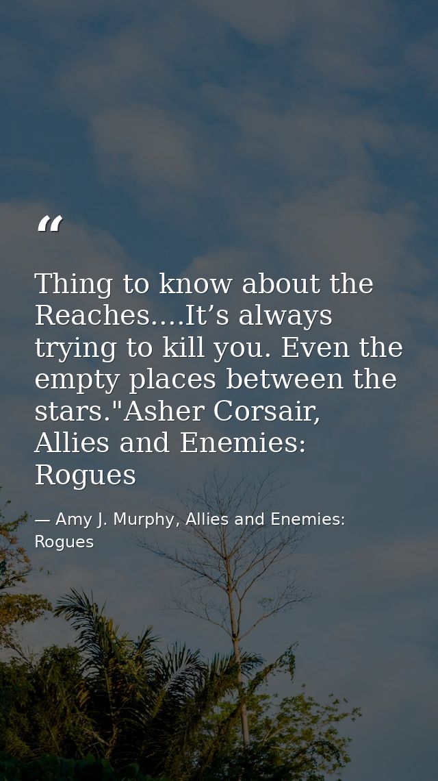 Thing to know about the Reaches....It’s always trying to kill you. Even the empty places between the stars."Asher Corsai — Amy J. Murphy, Allies and Enemies: Rogues
