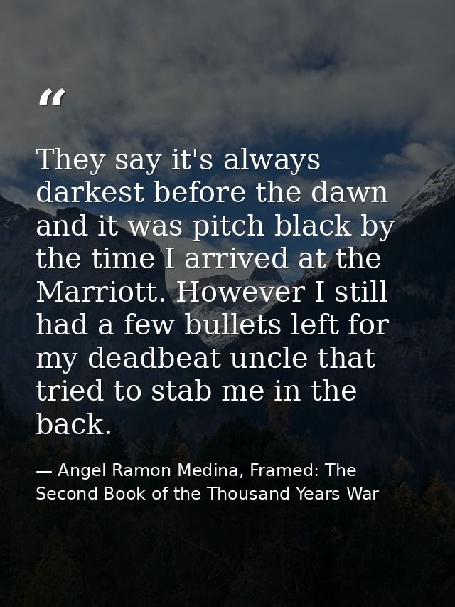 They say it's always darkest before the dawn and it was pitch black by the time I arrived at the Marriott. However I sti — Angel Ramon Medina, Framed: The Second Book of the Thousand Years War
