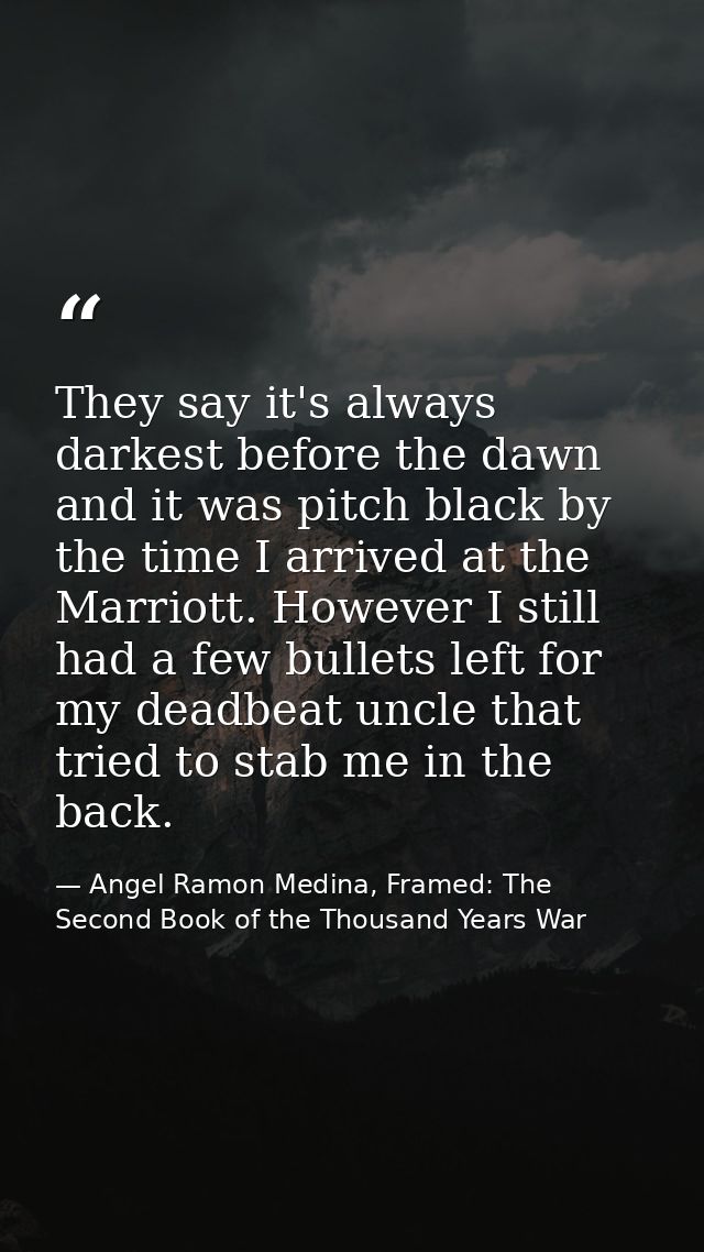 They say it's always darkest before the dawn and it was pitch black by the time I arrived at the Marriott. However I sti — Angel Ramon Medina, Framed: The Second Book of the Thousand Years War
