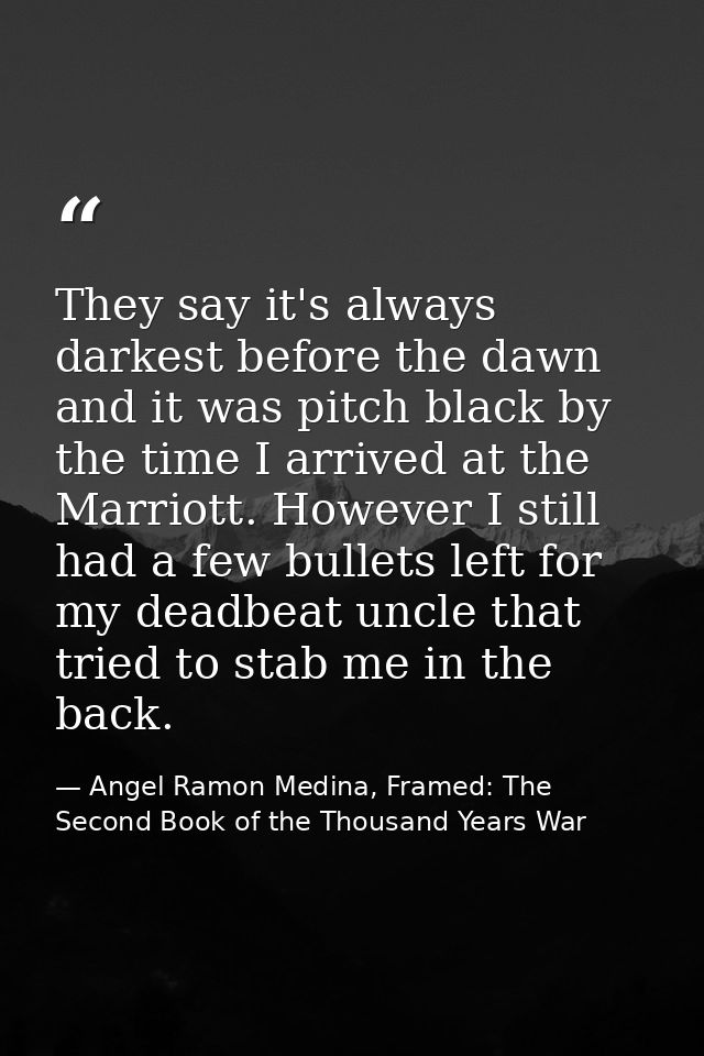 They say it's always darkest before the dawn and it was pitch black by the time I arrived at the Marriott. However I sti — Angel Ramon Medina, Framed: The Second Book of the Thousand Years War
