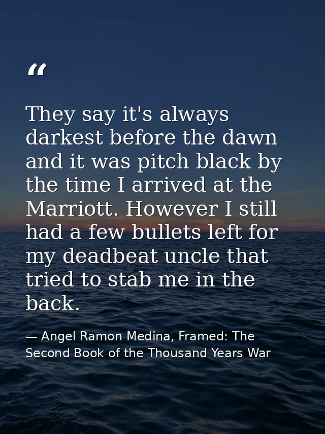 They say it's always darkest before the dawn and it was pitch black by the time I arrived at the Marriott. However I sti — Angel Ramon Medina, Framed: The Second Book of the Thousand Years War