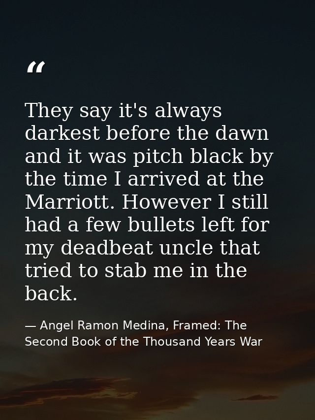 They say it's always darkest before the dawn and it was pitch black by the time I arrived at the Marriott. However I sti — Angel Ramon Medina, Framed: The Second Book of the Thousand Years War