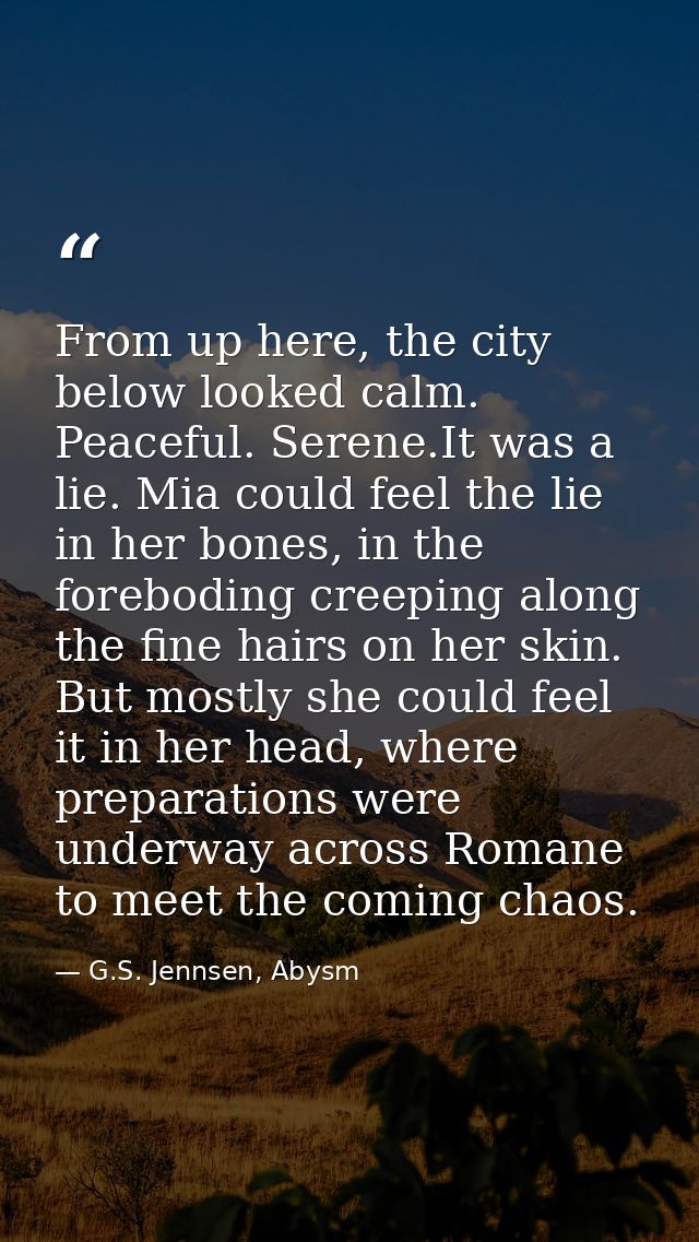 From up here, the city below looked calm. Peaceful. Serene.It was a lie. Mia could feel the lie in her bones, in the for — G.S. Jennsen, Abysm