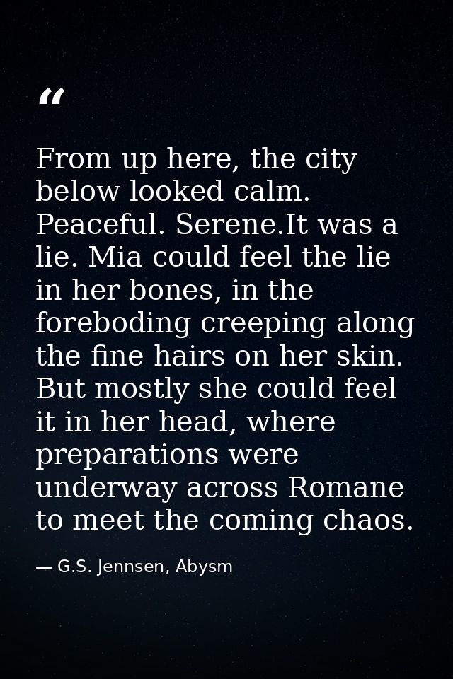 From up here, the city below looked calm. Peaceful. Serene.It was a lie. Mia could feel the lie in her bones, in the for — G.S. Jennsen, Abysm