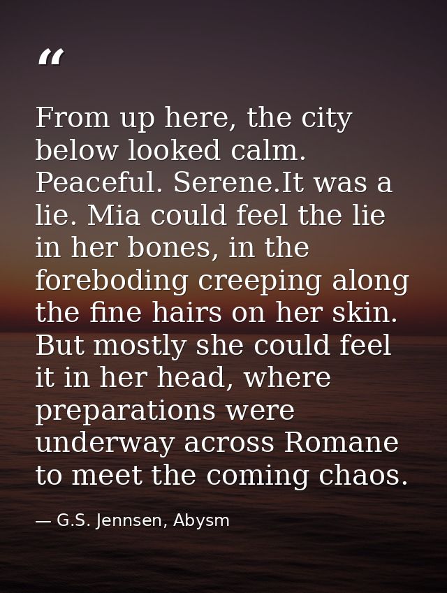 From up here, the city below looked calm. Peaceful. Serene.It was a lie. Mia could feel the lie in her bones, in the for — G.S. Jennsen, Abysm