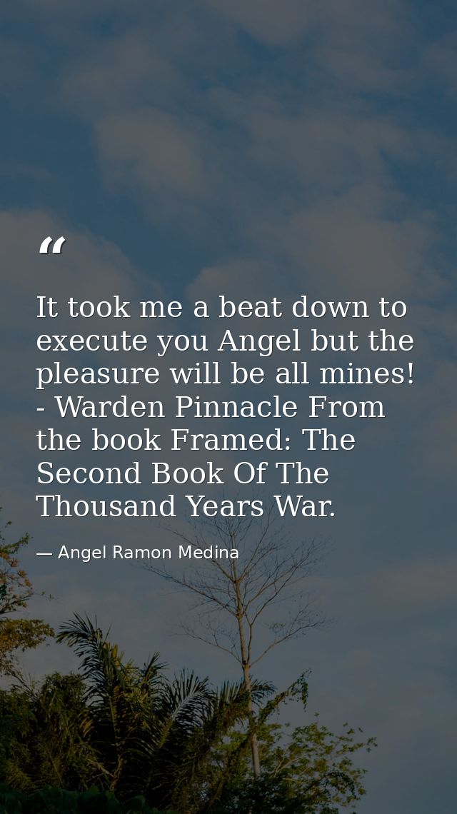 It took me a beat down to execute you Angel but the pleasure will be all mines! - Warden Pinnacle From the book Framed:  — Angel Ramon Medina