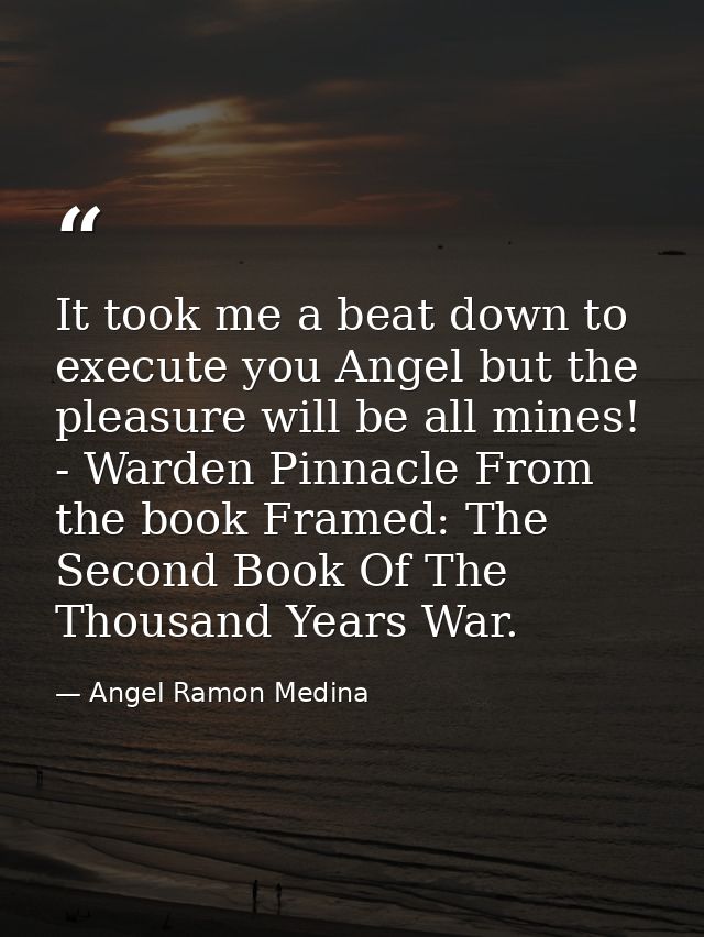 It took me a beat down to execute you Angel but the pleasure will be all mines! - Warden Pinnacle From the book Framed:  — Angel Ramon Medina