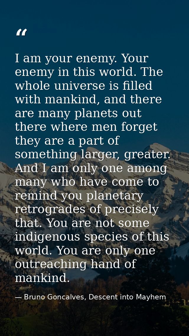 I am your enemy. Your enemy in this world. The whole universe is filled with mankind, and there are many planets out the — Bruno Goncalves, Descent into Mayhem