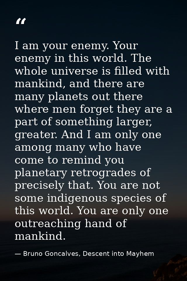 I am your enemy. Your enemy in this world. The whole universe is filled with mankind, and there are many planets out the — Bruno Goncalves, Descent into Mayhem
