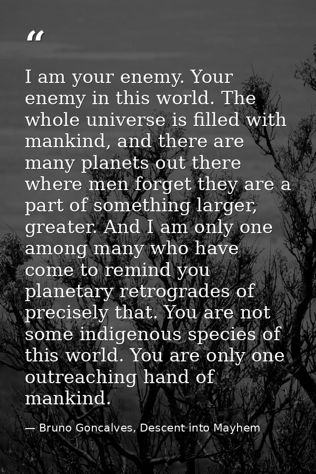 I am your enemy. Your enemy in this world. The whole universe is filled with mankind, and there are many planets out the — Bruno Goncalves, Descent into Mayhem