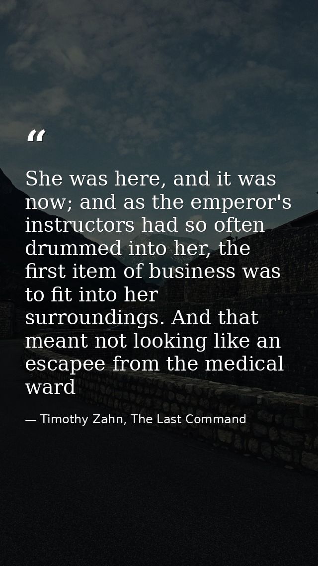 She was here, and it was now; and as the emperor's instructors had so often drummed into her, the first item of business — Timothy Zahn, The Last Command
