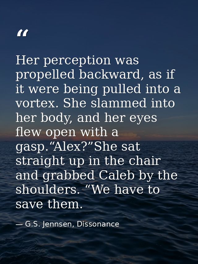 Her perception was propelled backward, as if it were being pulled into a vortex. She slammed into her body, and her eyes — G.S. Jennsen, Dissonance