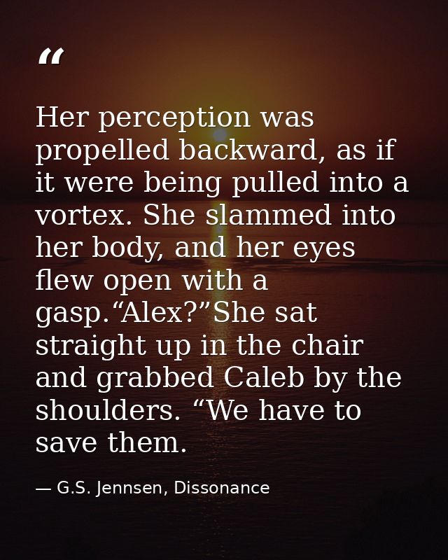 Her perception was propelled backward, as if it were being pulled into a vortex. She slammed into her body, and her eyes — G.S. Jennsen, Dissonance