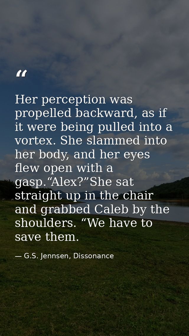 Her perception was propelled backward, as if it were being pulled into a vortex. She slammed into her body, and her eyes — G.S. Jennsen, Dissonance