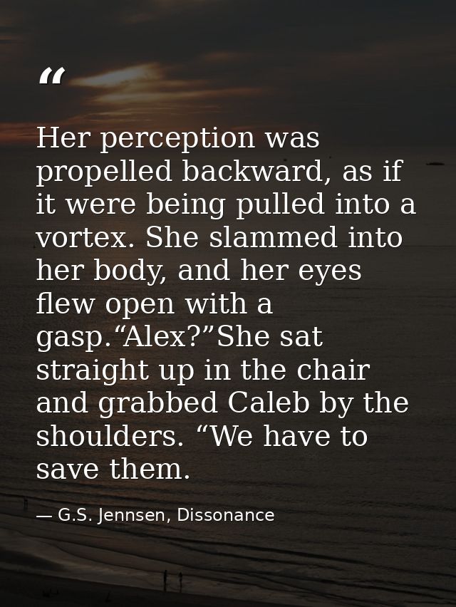 Her perception was propelled backward, as if it were being pulled into a vortex. She slammed into her body, and her eyes — G.S. Jennsen, Dissonance