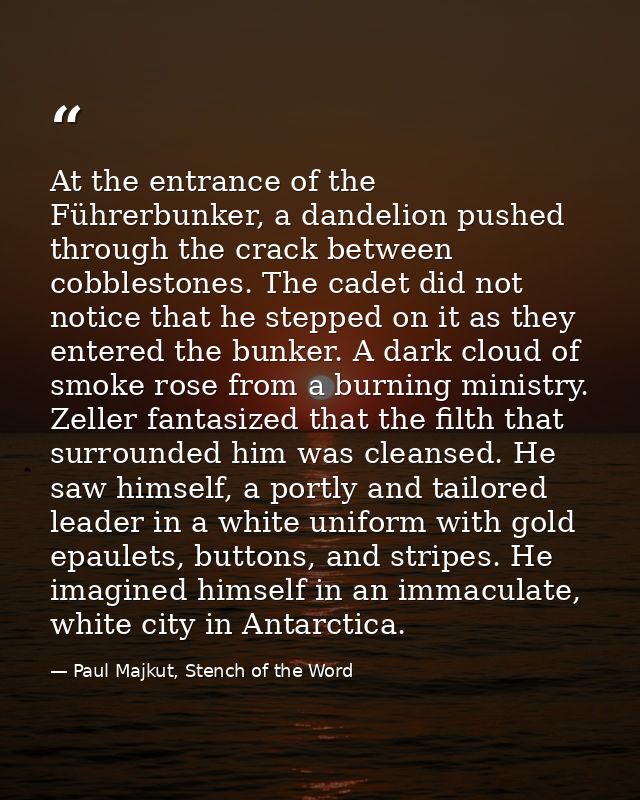 At the entrance of the Führerbunker, a dandelion pushed through the crack between cobblestones. The cadet did not notice — Paul Majkut, Stench of the Word