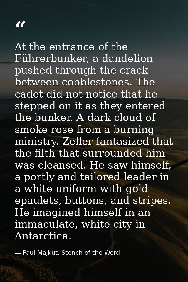 At the entrance of the Führerbunker, a dandelion pushed through the crack between cobblestones. The cadet did not notice — Paul Majkut, Stench of the Word