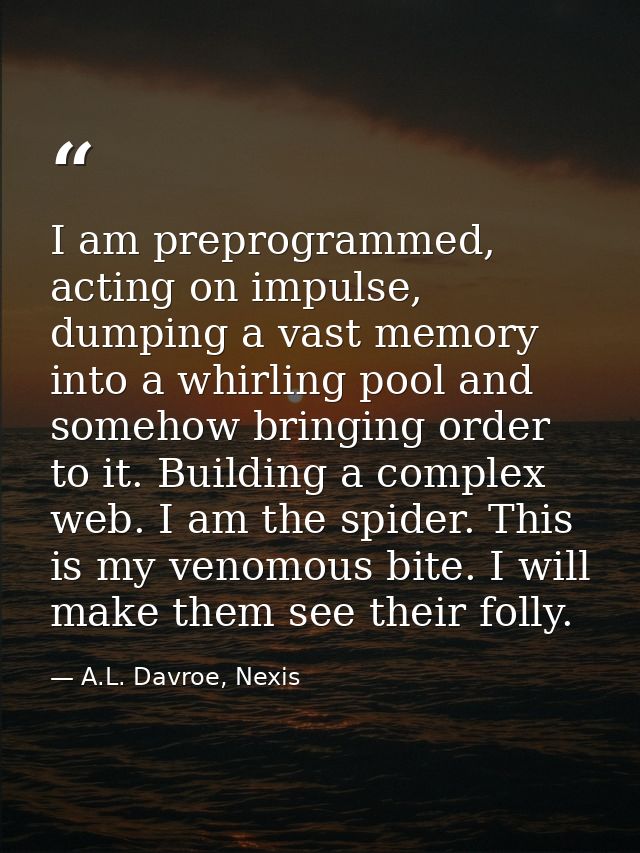 I am preprogrammed, acting on impulse, dumping a vast memory into a whirling pool and somehow bringing order to it. Buil — A.L. Davroe, Nexis