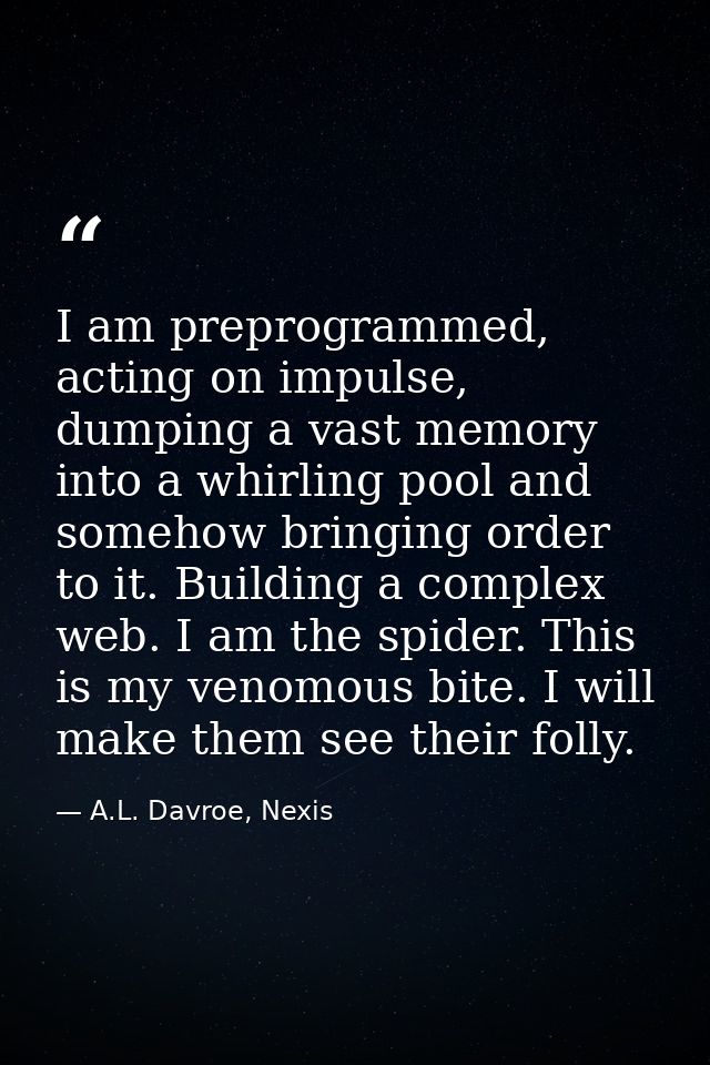 I am preprogrammed, acting on impulse, dumping a vast memory into a whirling pool and somehow bringing order to it. Buil — A.L. Davroe, Nexis