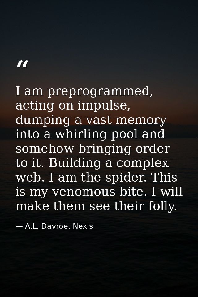 I am preprogrammed, acting on impulse, dumping a vast memory into a whirling pool and somehow bringing order to it. Buil — A.L. Davroe, Nexis