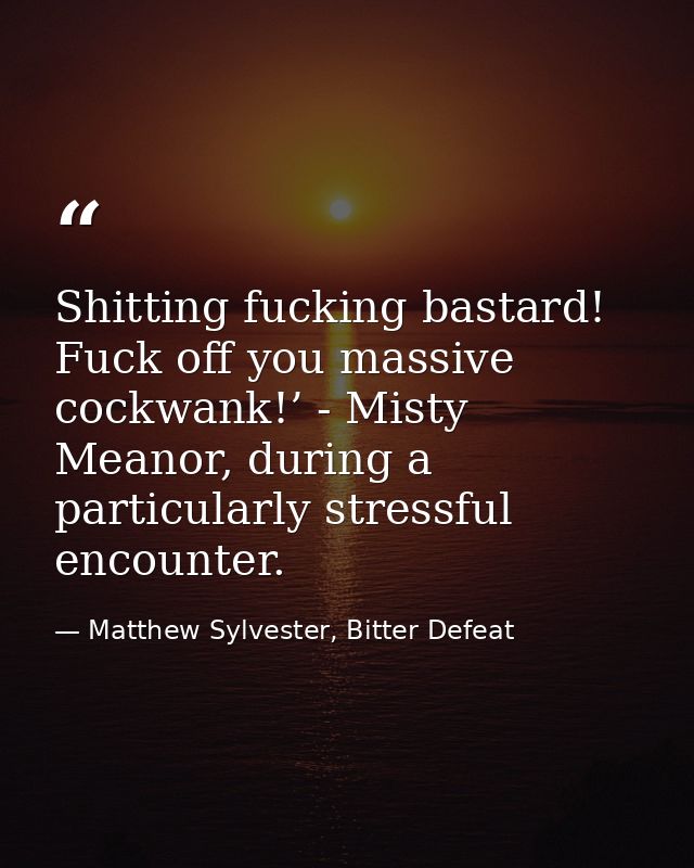 Shitting fucking bastard! Fuck off you massive cockwank!’ - Misty Meanor, during a particularly stressful encounter. — Matthew Sylvester, Bitter Defeat