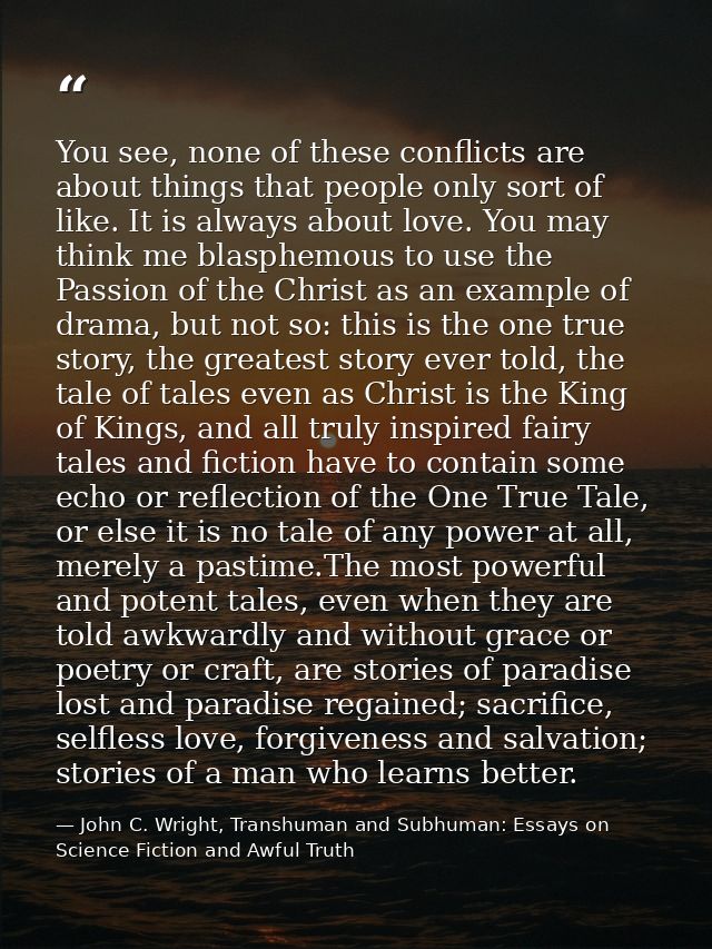 You see, none of these conflicts are about things that people only sort of like. It is always about love. You may think  — John C. Wright, Transhuman and Subhuman: Essays on Science Fiction and Awful Truth
