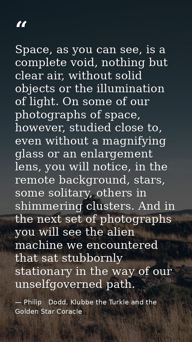 Space, as you can see, is a complete void, nothing but clear air, without solid objects or the illumination of light. On — Philip   Dodd, Klubbe the Turkle and the Golden Star Coracle