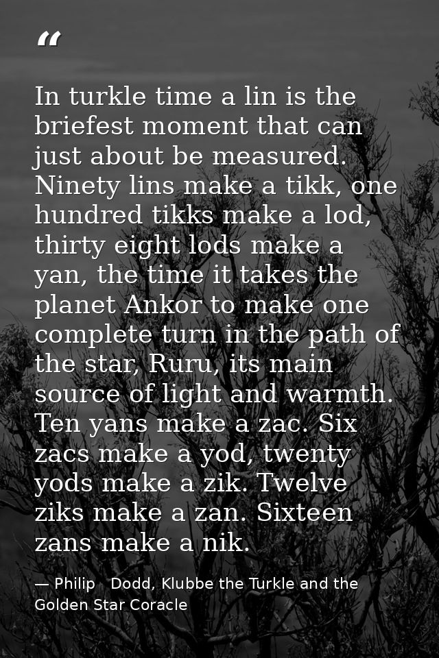 In turkle time a lin is the briefest moment that can just about be measured. Ninety lins make a tikk, one hundred tikks  — Philip   Dodd, Klubbe the Turkle and the Golden Star Coracle