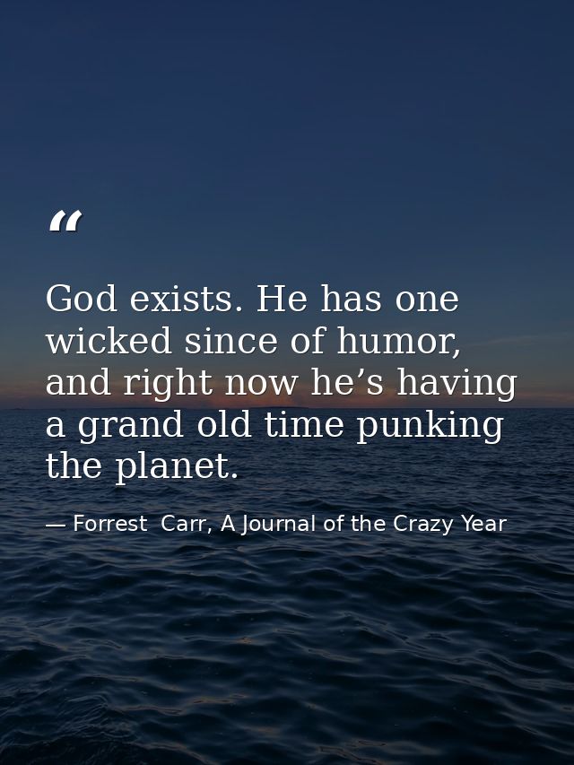God exists. He has one wicked since of humor, and right now he’s having a grand old time punking the planet. — Forrest  Carr, A Journal of the Crazy Year