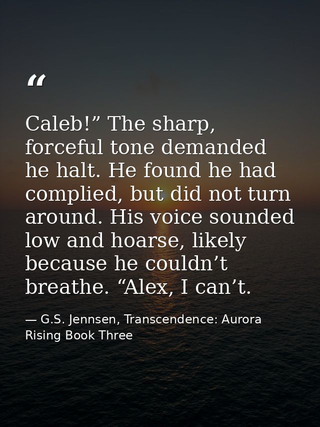 Caleb!” The sharp, forceful tone demanded he halt. He found he had complied, but did not turn around. His voice sounded  — G.S. Jennsen, Transcendence: Aurora Rising Book Three