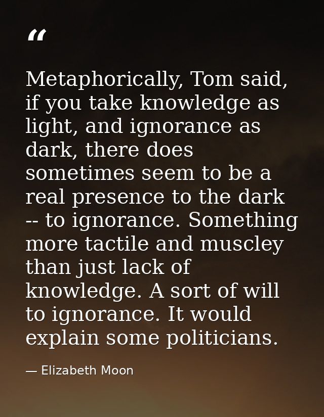 Metaphorically, Tom said, if you take knowledge as light, and ignorance as dark, there does sometimes seem to be a real  — Elizabeth Moon