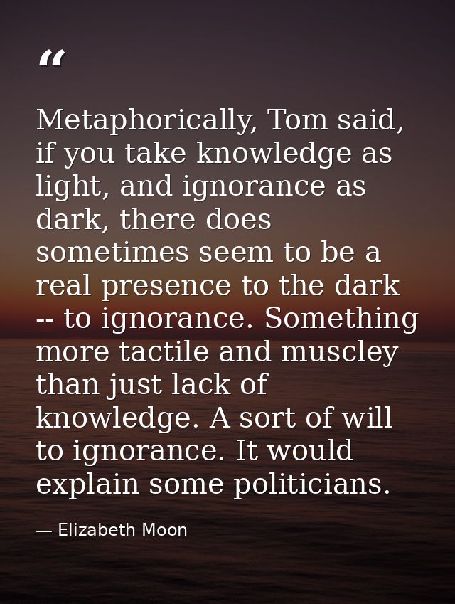 Metaphorically, Tom said, if you take knowledge as light, and ignorance as dark, there does sometimes seem to be a real  — Elizabeth Moon