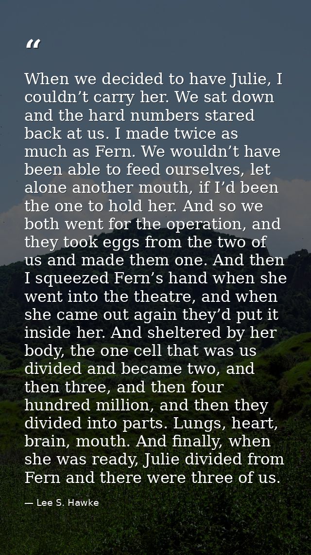When we decided to have Julie, I couldn’t carry her. We sat down and the hard numbers stared back at us. I made twice as — Lee S. Hawke