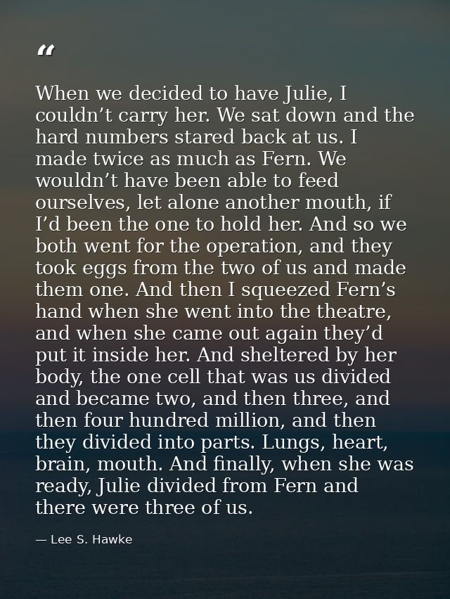 When we decided to have Julie, I couldn’t carry her. We sat down and the hard numbers stared back at us. I made twice as — Lee S. Hawke