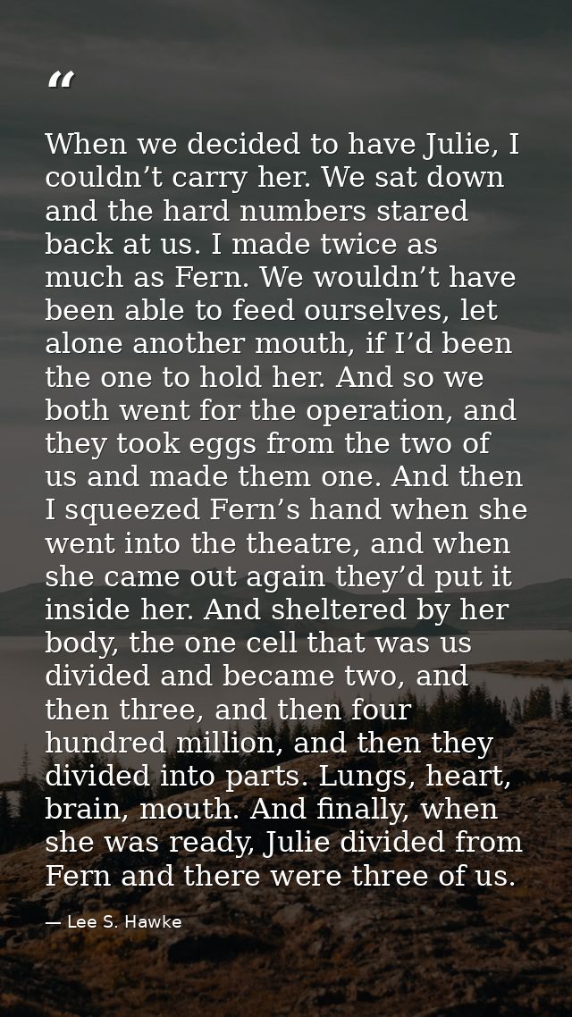 When we decided to have Julie, I couldn’t carry her. We sat down and the hard numbers stared back at us. I made twice as — Lee S. Hawke