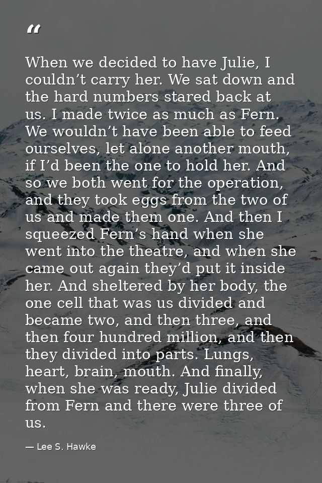 When we decided to have Julie, I couldn’t carry her. We sat down and the hard numbers stared back at us. I made twice as — Lee S. Hawke