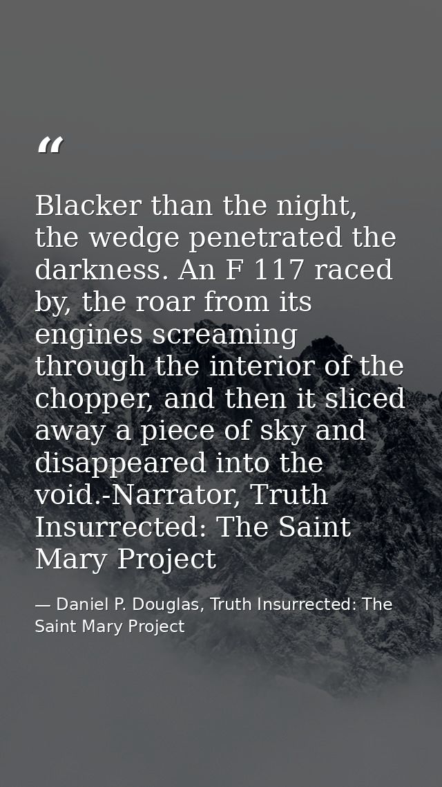 Blacker than the night, the wedge penetrated the darkness. An F 117 raced by, the roar from its engines screaming throug — Daniel P. Douglas, Truth Insurrected: The Saint Mary Project