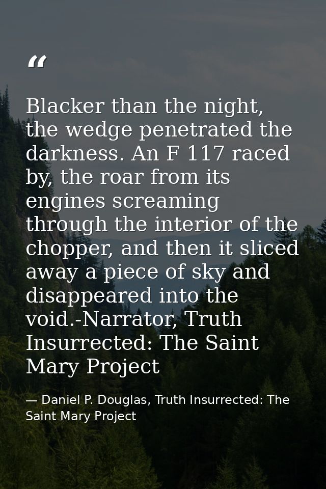 Blacker than the night, the wedge penetrated the darkness. An F 117 raced by, the roar from its engines screaming throug — Daniel P. Douglas, Truth Insurrected: The Saint Mary Project