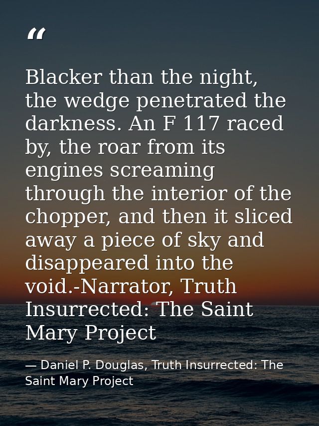 Blacker than the night, the wedge penetrated the darkness. An F 117 raced by, the roar from its engines screaming throug — Daniel P. Douglas, Truth Insurrected: The Saint Mary Project