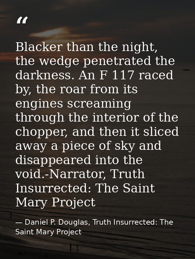 Blacker than the night, the wedge penetrated the darkness. An F 117 raced by, the roar from its engines screaming throug — Daniel P. Douglas, Truth Insurrected: The Saint Mary Project