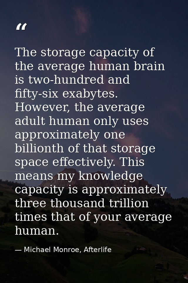 The storage capacity of the average human brain is two-hundred and fifty-six exabytes. However, the average adult human  — Michael Monroe, Afterlife