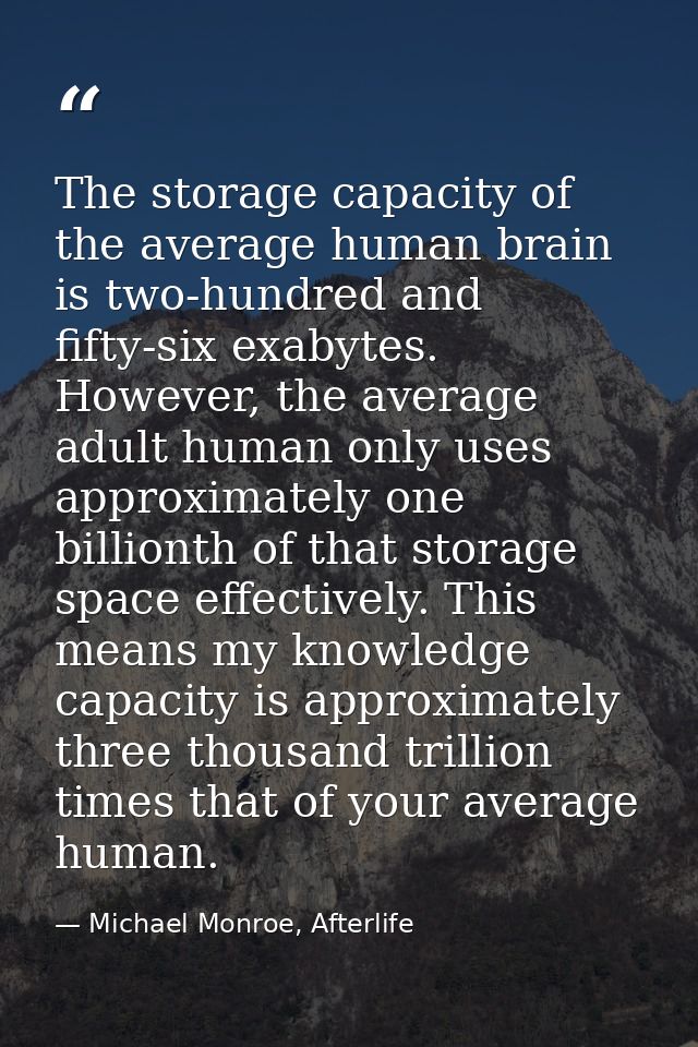 The storage capacity of the average human brain is two-hundred and fifty-six exabytes. However, the average adult human  — Michael Monroe, Afterlife