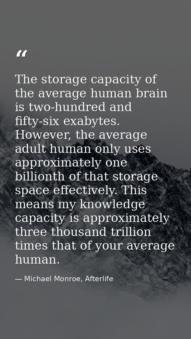 The storage capacity of the average human brain is two-hundred and fifty-six exabytes. However, the average adult human  — Michael Monroe, Afterlife