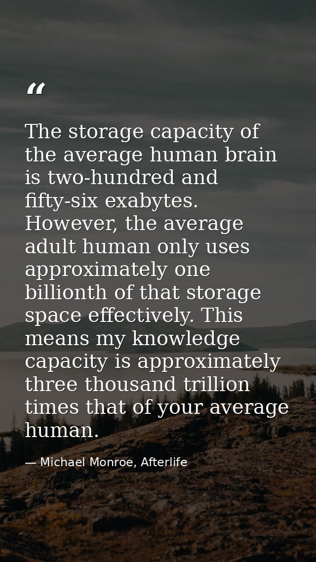 The storage capacity of the average human brain is two-hundred and fifty-six exabytes. However, the average adult human  — Michael Monroe, Afterlife