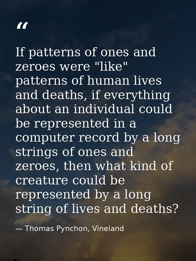 If patterns of ones and zeroes were "like" patterns of human lives and deaths, if everything about an individual could b — Thomas Pynchon, Vineland
