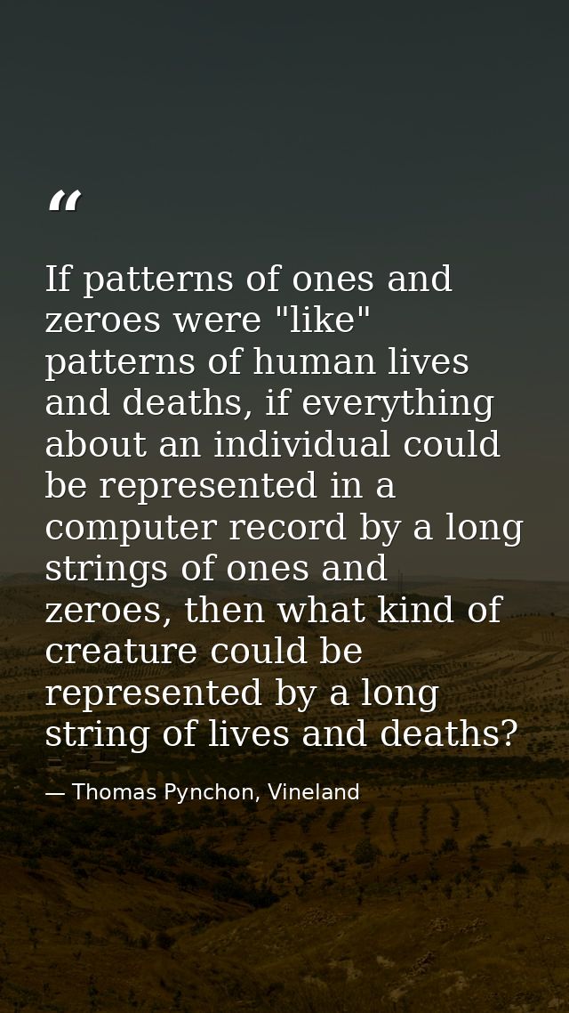 If patterns of ones and zeroes were "like" patterns of human lives and deaths, if everything about an individual could b — Thomas Pynchon, Vineland