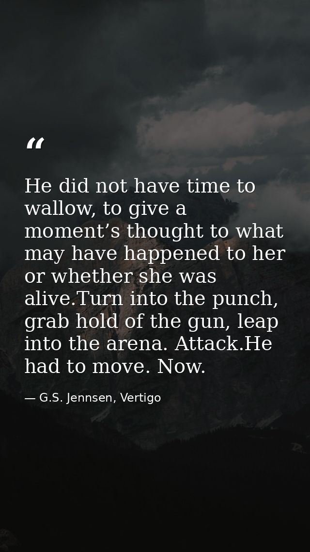 He did not have time to wallow, to give a moment’s thought to what may have happened to her or whether she was alive.Tur — G.S. Jennsen, Vertigo