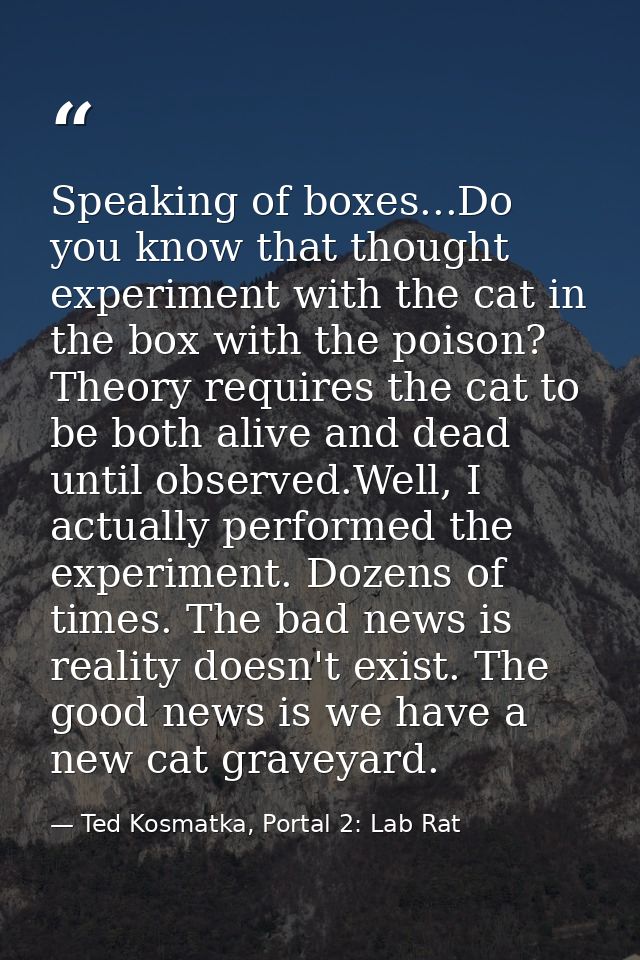 Speaking of boxes...Do you know that thought experiment with the cat in the box with the poison? Theory requires the cat — Ted Kosmatka, Portal 2: Lab Rat